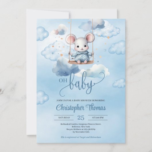 Invitation Aquarelle bébé souris sur balançoire dans le ciel  (Devant)