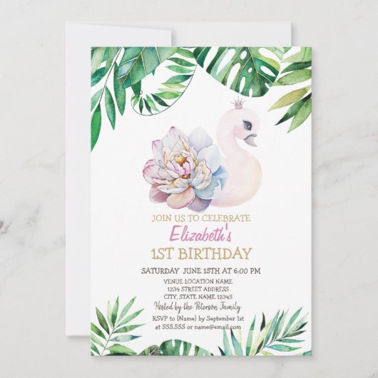 Invitation Aquarelle Bébé Swan, Feuille 1er anniversaire (Devant)