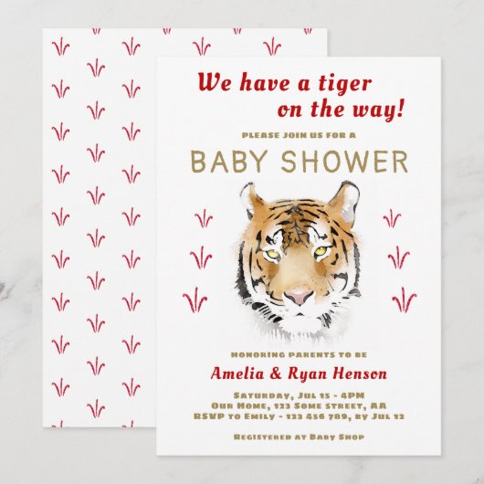 Invitation Aquarelle bébé tigre 2022 Baby shower (Devant / Derrière)
