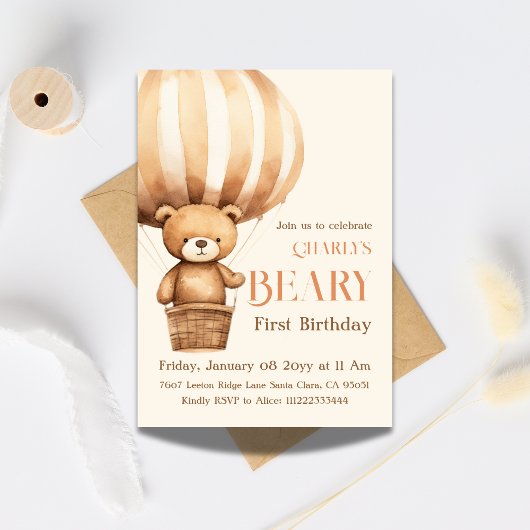 Invitation Aquarelle Beige Beary 1er anniversaire