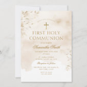Invitation Aquarelle beige Croix d'or Première communion sain (Devant)