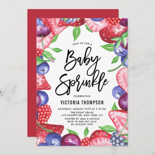 Invitation Aquarelle Berries Cadre Été Bébé Parsemer (Devant / Derrière)