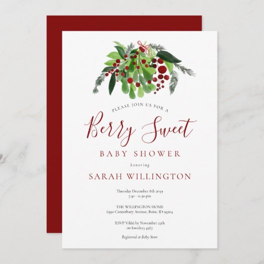 Invitation Aquarelle Berry Baby shower doux (Devant / Derrière)