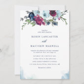Invitation Aquarelle Berry Blue Bourgogne Floral Mariage Invi (Devant)