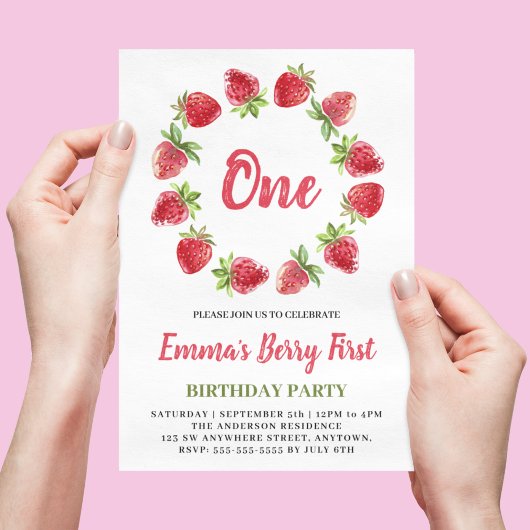 Invitation Aquarelle Berry fraise 1er anniversaire Inv