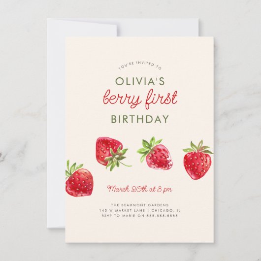 Invitation Aquarelle Berry fraise Premier 1er anniversaire (Devant)