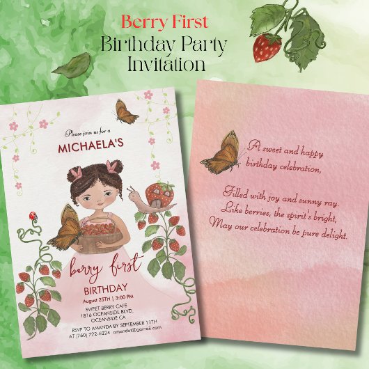 Invitation Aquarelle 'Berry Sweet' fille premier anniversaire