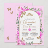 Invitation Aquarelle Beurre d'or rose chaud Quinceañera (Devant / Derrière)