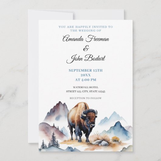 Invitation Aquarelle Bison de bison blanc et bleu Mariage de  (Devant)