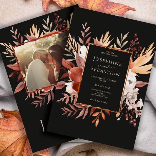 Invitation Aquarelle Black Fall Floral Mariage photo
