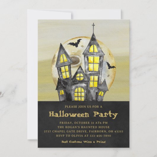 Invitation Aquarelle Black Haunted House Halloween Party (Devant)