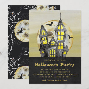 Invitation Aquarelle Black Haunted House Halloween Party