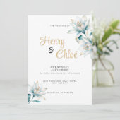 Invitation Aquarelle blanc bleu lièvre Mariage floral (Debout devant)