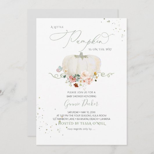 Invitation Aquarelle Blanc Citrouille Automne Fleurs de Jardi (Devant / Derrière)