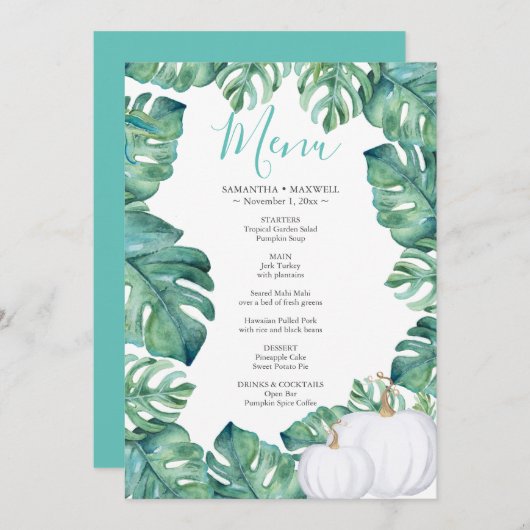 Invitation Aquarelle blanc Citrouille Tropical Menu (Devant / Derrière)