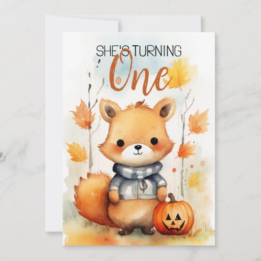 Invitation Aquarelle Blanc et Feuilles Brown Renard 1er anniv (Devant)
