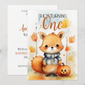 Invitation Aquarelle Blanc et Feuilles Brown Renard 1er anniv (Devant / Derrière)