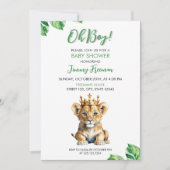 Invitation Aquarelle blanc et vert mou Baby shower Lion (Devant)