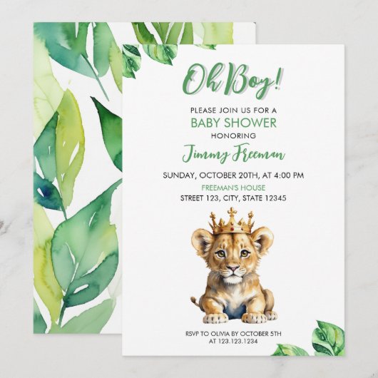 Invitation Aquarelle blanc et vert mou Baby shower Lion (Devant / Derrière)