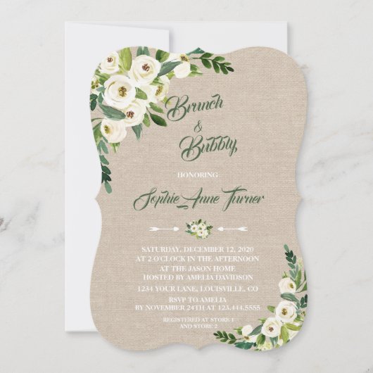 Invitation Aquarelle Blanc Floral Burlap Brunch & Bubbly (Devant)