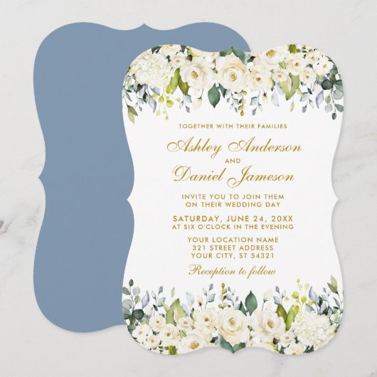 Invitation Aquarelle Blanc Floral Dusty Bleu Élégant Mariage (Devant / Derrière)