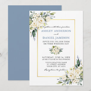 Invitation Aquarelle Blanc Floral Dusty Blue Mariage