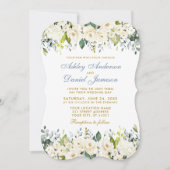 Invitation Aquarelle Blanc Floral Élégant Dusty Blue Mariage (Devant)
