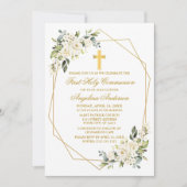 Invitation Aquarelle Blanc Floral Geo Frame Gold Communion (Devant)