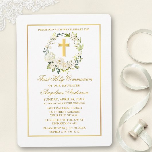 Invitation Aquarelle Blanc Floral Gold Cross Communion
