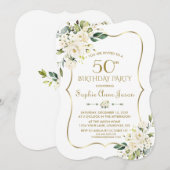 Invitation Aquarelle Blanc Floral Gold Frame 50e anniversaire (Devant / Derrière)