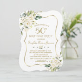 Invitation Aquarelle Blanc Floral Gold Frame 50e anniversaire (Debout devant)
