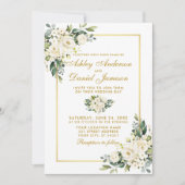 Invitation Aquarelle Blanc Floral Gold Photo Mariage (Devant)