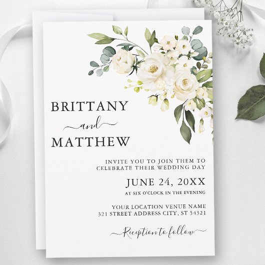 Invitation Aquarelle Blanc Floral Mariage