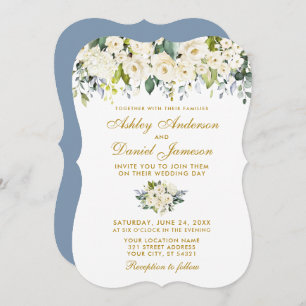 Invitation Aquarelle Blanc Floral Mariage Dusty Blue Gold