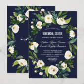 Invitation Aquarelle Blanc Floral Marine Bleu Dîner de répéti (Devant / Derrière)