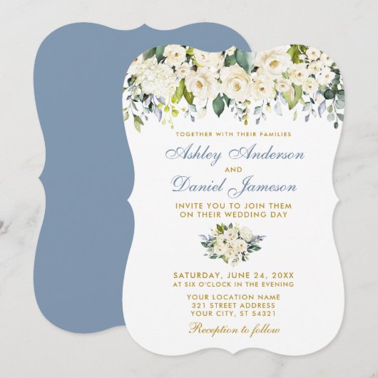 Invitation Aquarelle Blanc Floral Or Dusty Blue Mariage (Devant / Derrière)