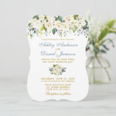 Invitation Aquarelle Blanc Floral Or Dusty Blue Mariage (Debout devant)