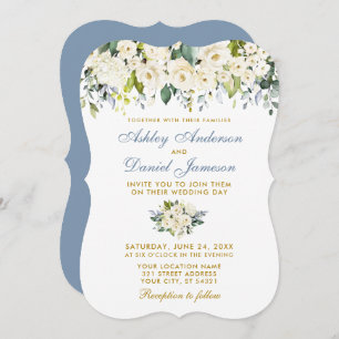 Invitation Aquarelle Blanc Floral Or Dusty Blue Mariage