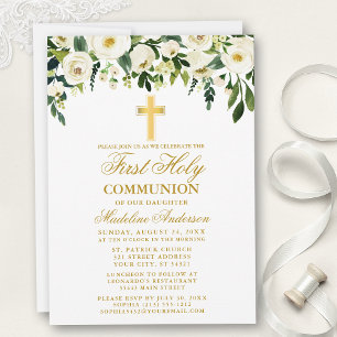 Invitation Aquarelle Blanc Floral Première Communion Or