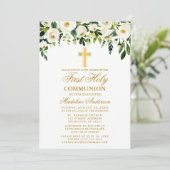 Invitation Aquarelle Blanc Floral Première Communion Or (Debout devant)