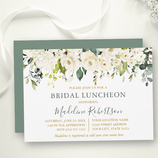 Invitation Aquarelle Blanc Floral Sage Vert Bridal Déjeuner