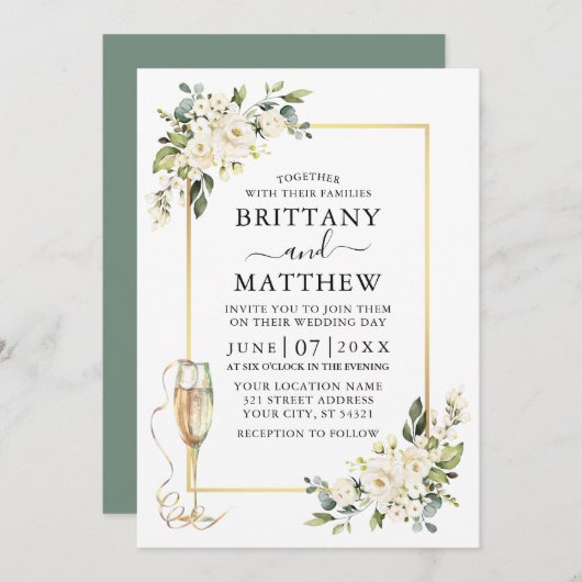 Invitation Aquarelle Blanc Floral Verre Mariage Sage Vert (Devant / Derrière)