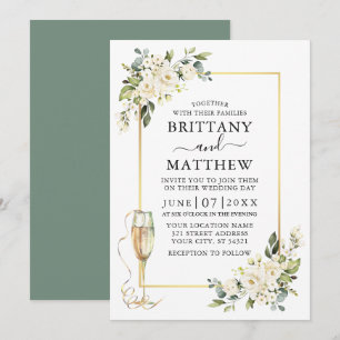 Invitation Aquarelle Blanc Floral Verre Mariage Sage Vert