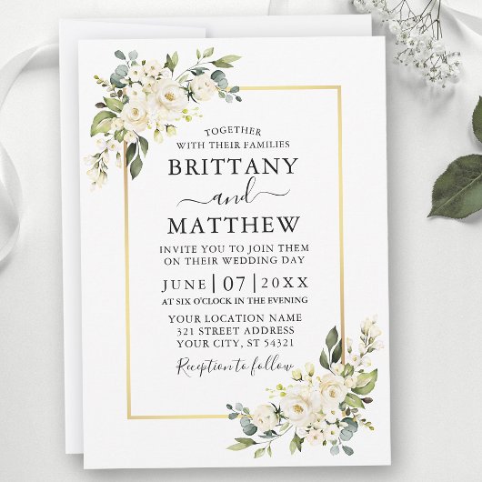 Invitation Aquarelle Blanc Floral Vert Mariage or