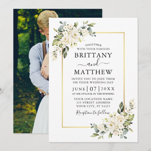 Invitation Aquarelle Blanc Floral Vert Mariage photo (Devant / Derrière)