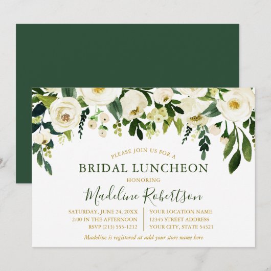 Invitation Aquarelle Blanc Floral Vert Or Bridal Déjeuner (Devant / Derrière)