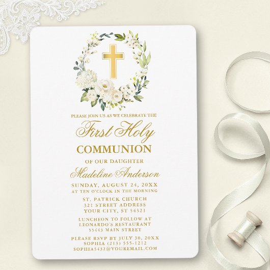 Invitation Aquarelle Blanc Floral Wreath Gold Communion