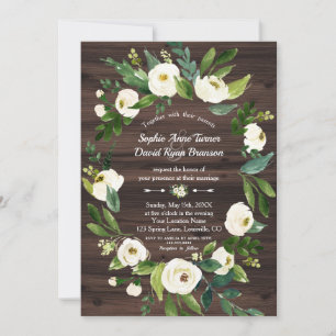Invitation Aquarelle Blanc Floral Wreath Mariage bois