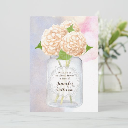 Invitation Aquarelle Blanc Hydrangea Mason Jar Fête des marié (Debout devant)