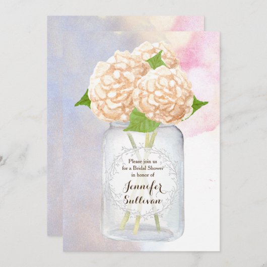 Invitation Aquarelle Blanc Hydrangea Mason Jar Fête des marié (Devant / Derrière)